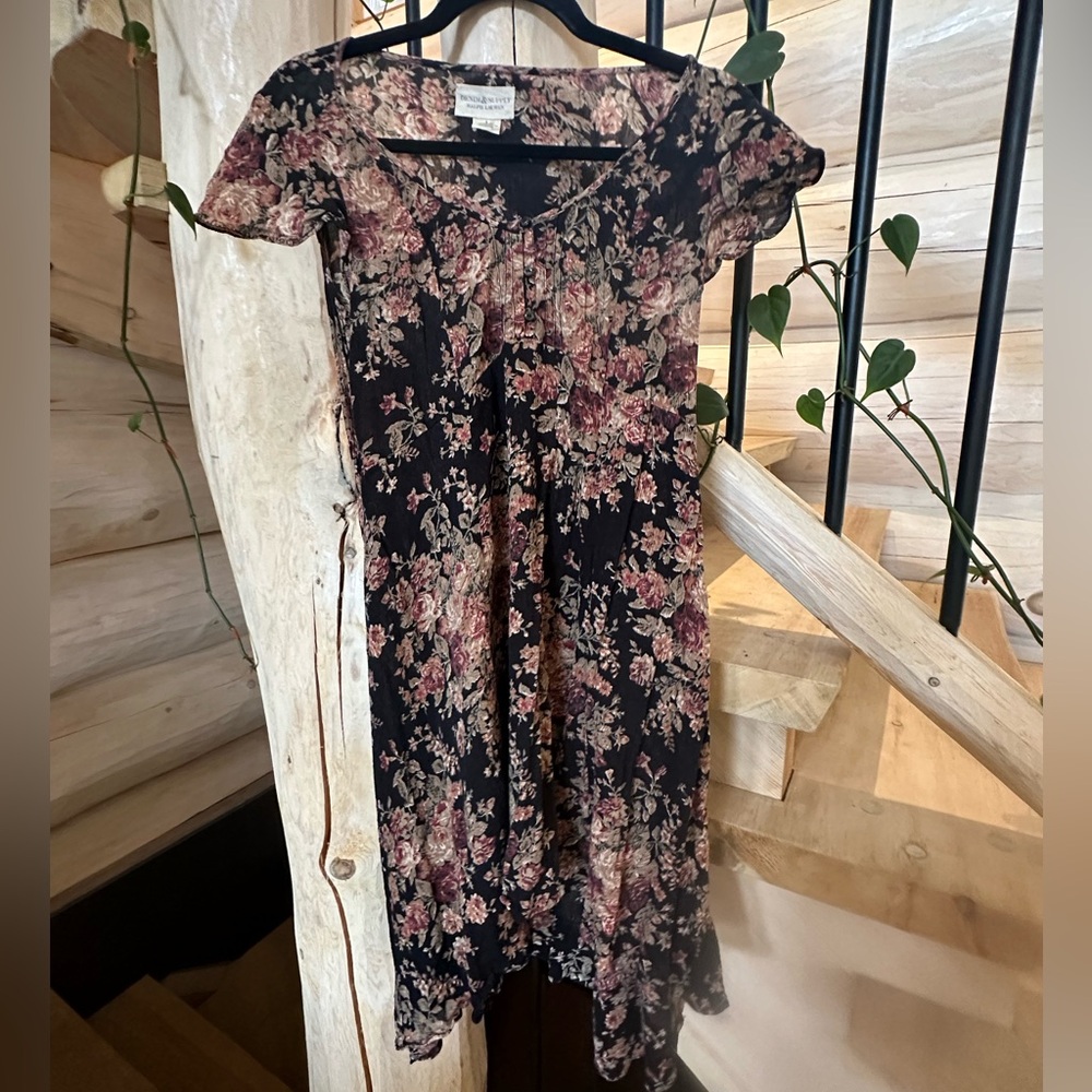 Denim & Supply Ralph Lauren Black Floral Midi Dress with Pink & Green Accents